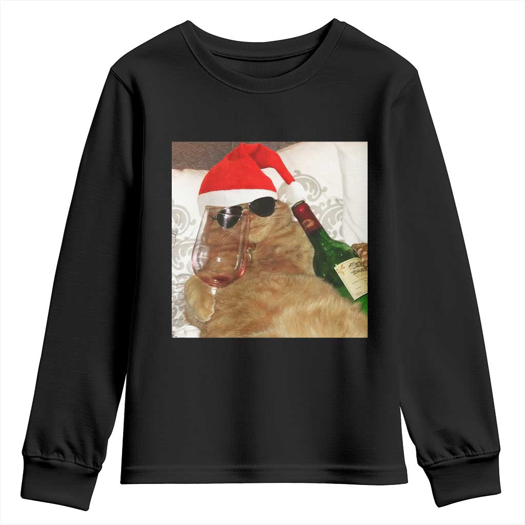 Funny Cat Drinking Wine Christmas Youth Sweatshirt - Print Your Wear