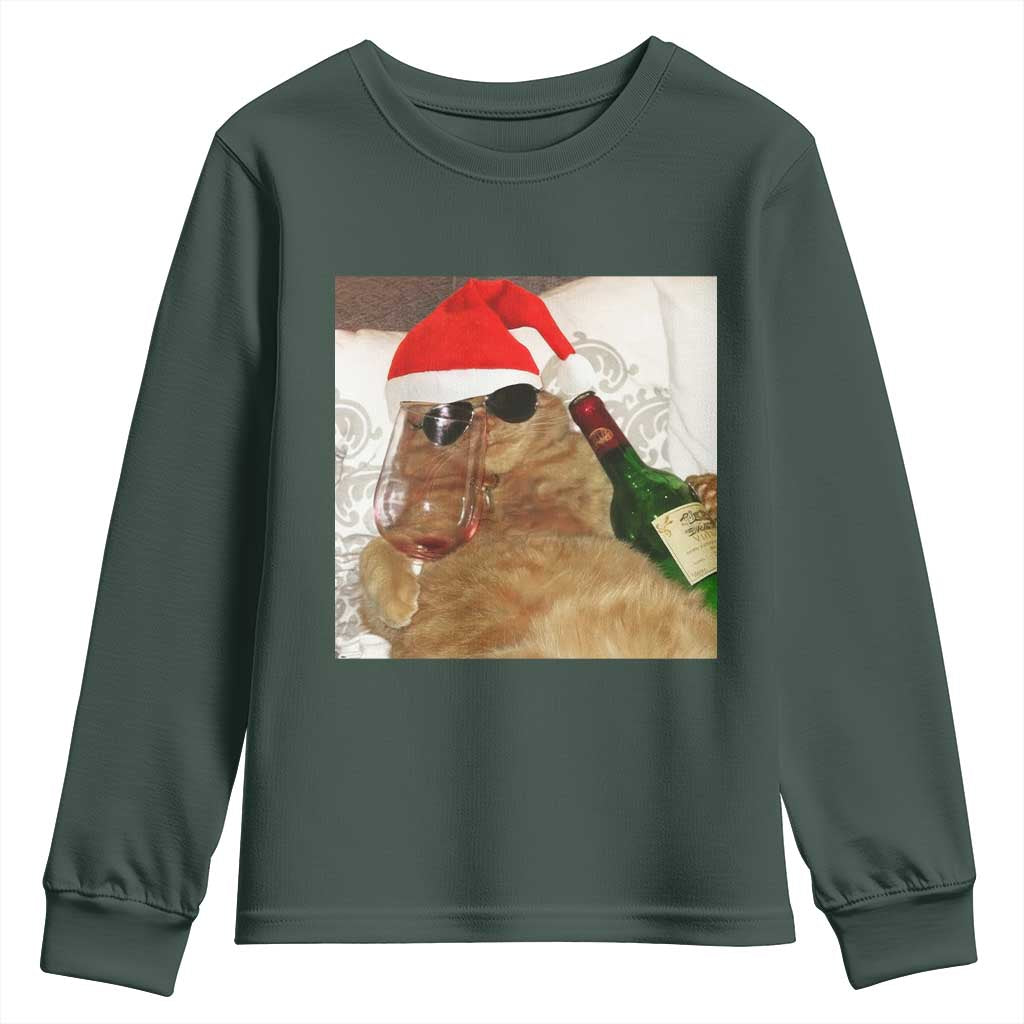 Funny Cat Drinking Wine Christmas Youth Sweatshirt TS14 Dark Forest Green Print Your Wear