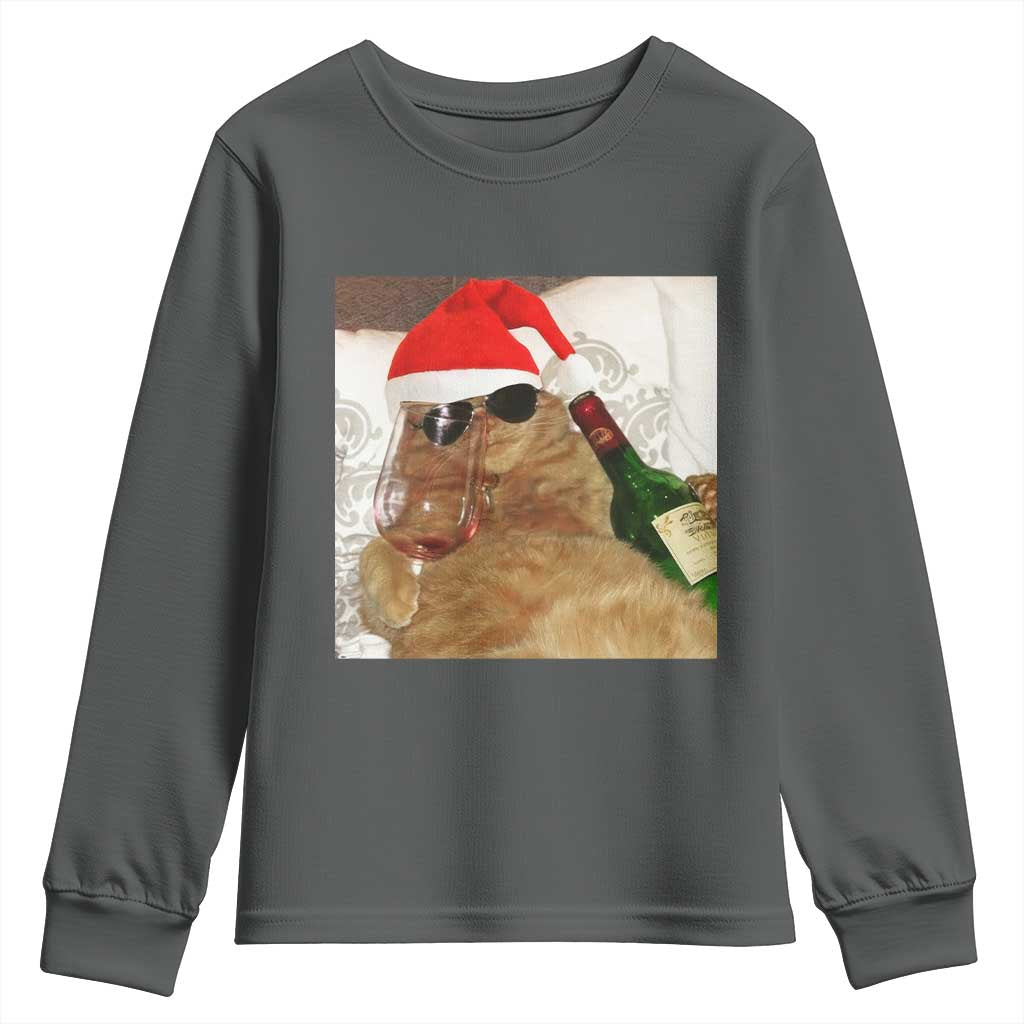 Funny Cat Drinking Wine Christmas Youth Sweatshirt TS14 Dark Heather Print Your Wear
