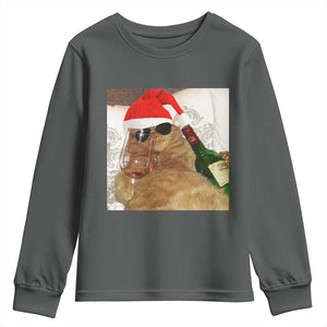 Funny Cat Drinking Wine Christmas Youth Sweatshirt TS14 Dark Heather Print Your Wear