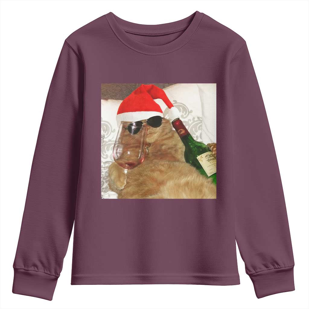 Funny Cat Drinking Wine Christmas Youth Sweatshirt TS14 Maroon Print Your Wear