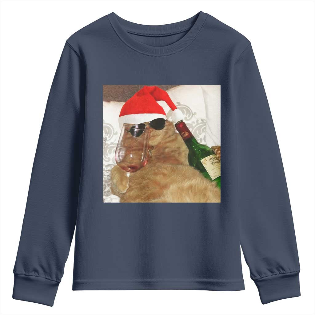 Funny Cat Drinking Wine Christmas Youth Sweatshirt TS14 Navy Print Your Wear