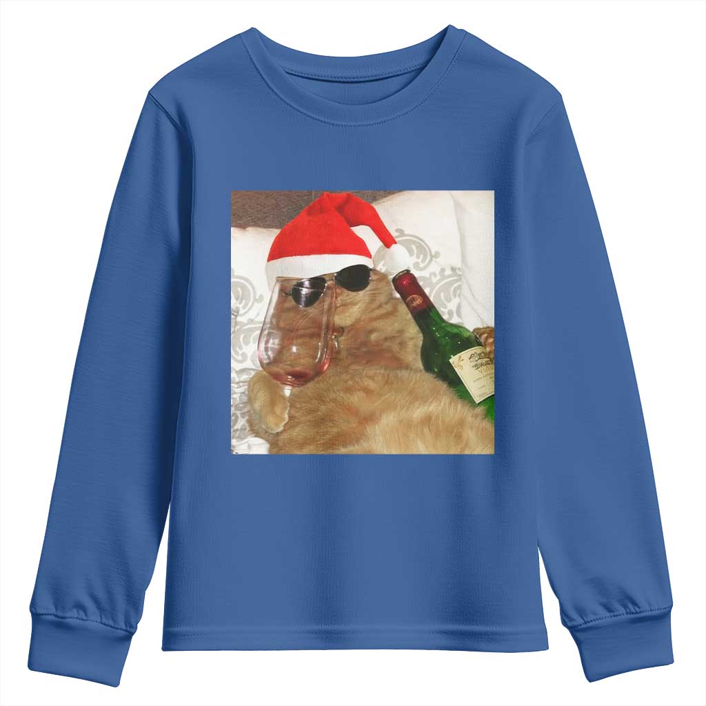 Funny Cat Drinking Wine Christmas Youth Sweatshirt TS14 Royal Blue Print Your Wear