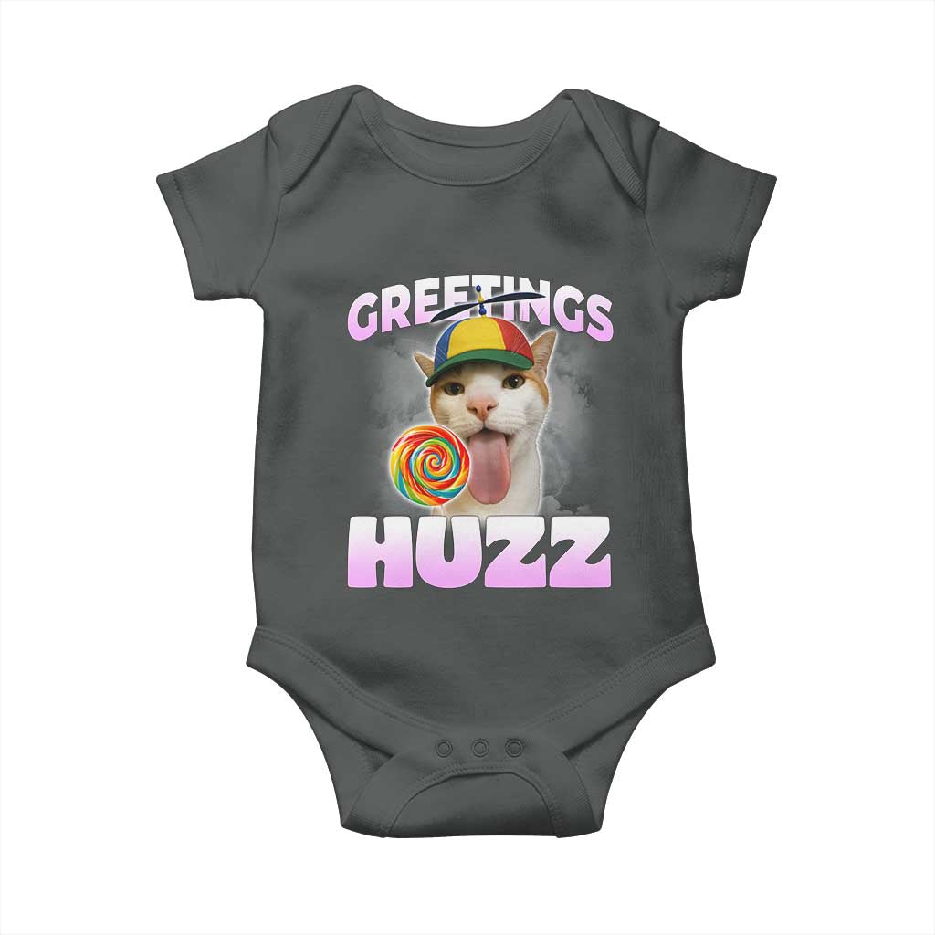 Funny Cat Meme Baby Onesie Greetings Huzz TS14 Dark Heather Print Your Wear