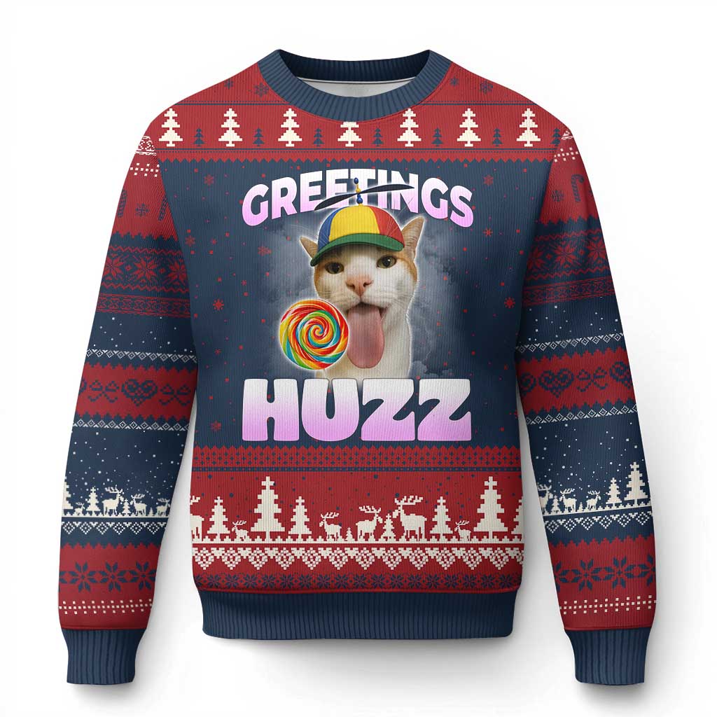 Funny Cat Meme Ugly Christmas Sweater Greetings Huzz TS14 Navy Red Print Your Wear