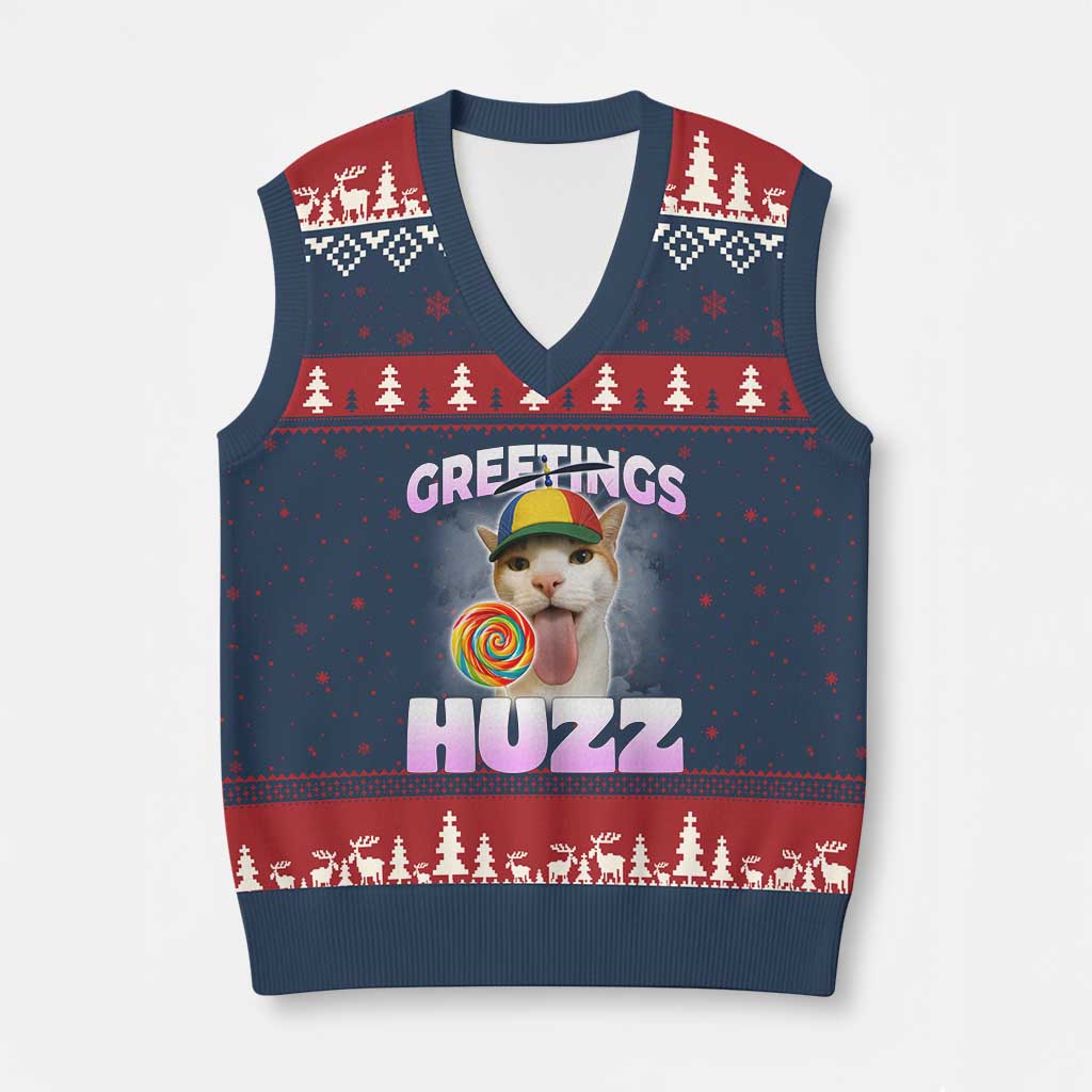 Funny Cat Meme V-Neck Knit Sweater Vest Greetings Huzz TS14 Navy Red Print Your Wear