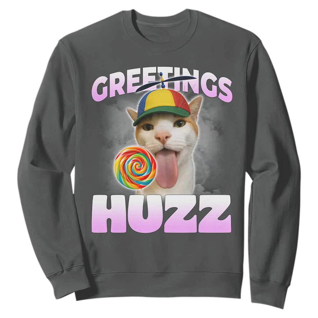 Funny Cat Meme Sweatshirt Greetings Huzz TS14 Dark Heather Print Your Wear