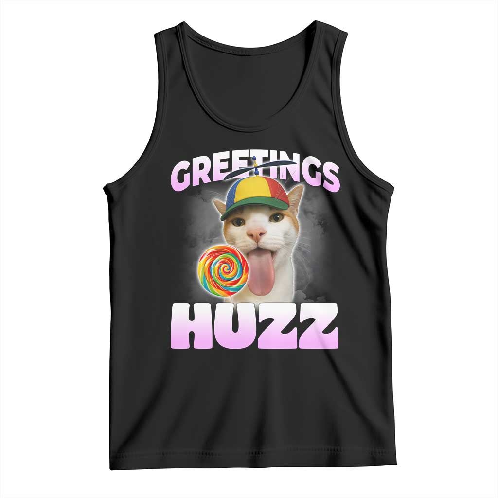 Funny Cat Meme Tank Top Greetings Huzz TS14 Black Print Your Wear