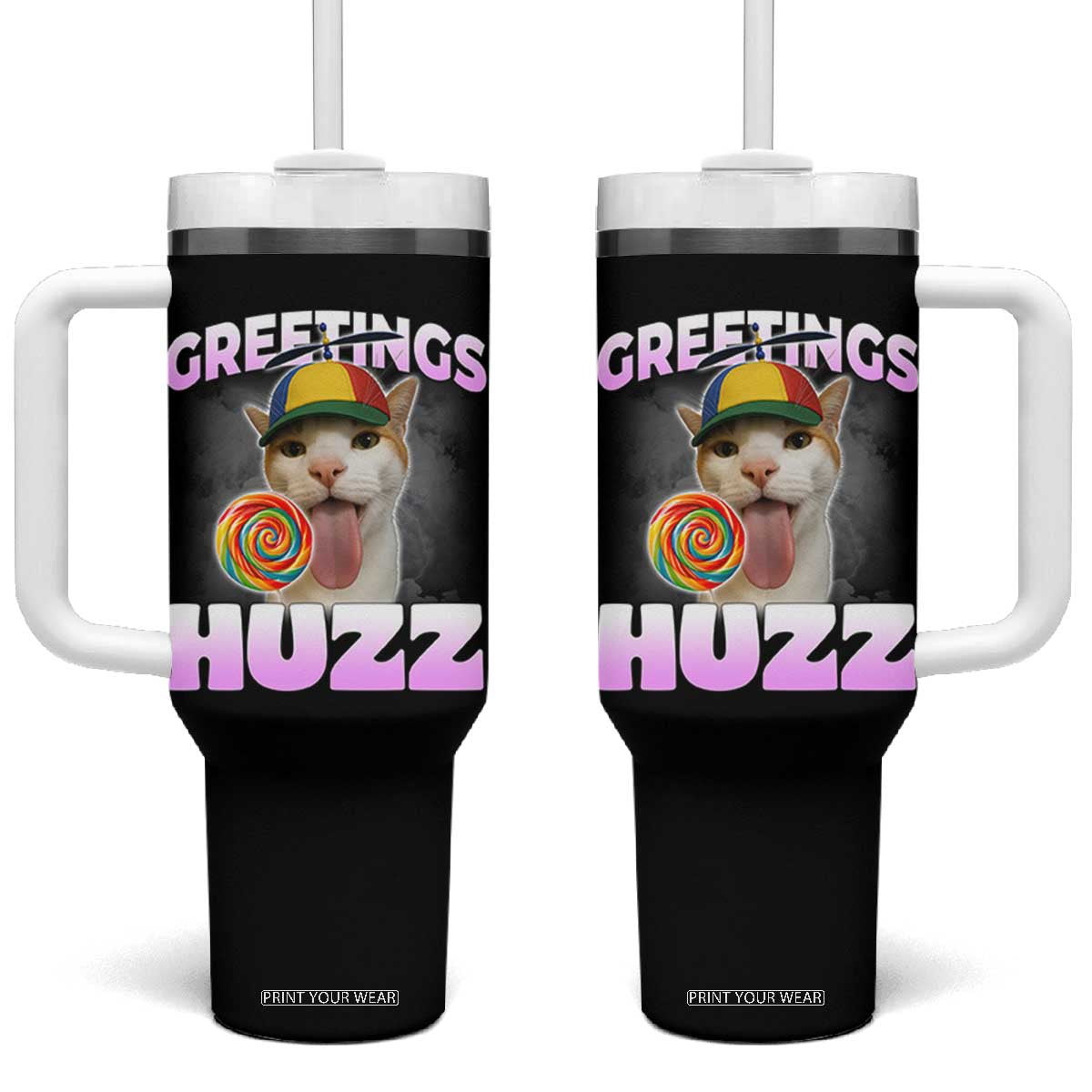 Funny Cat Meme Tumbler With Handle Greetings Huzz - Print Your Wear