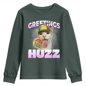 Funny Cat Meme Youth Sweatshirt Greetings Huzz TS14 Dark Forest Green Print Your Wear