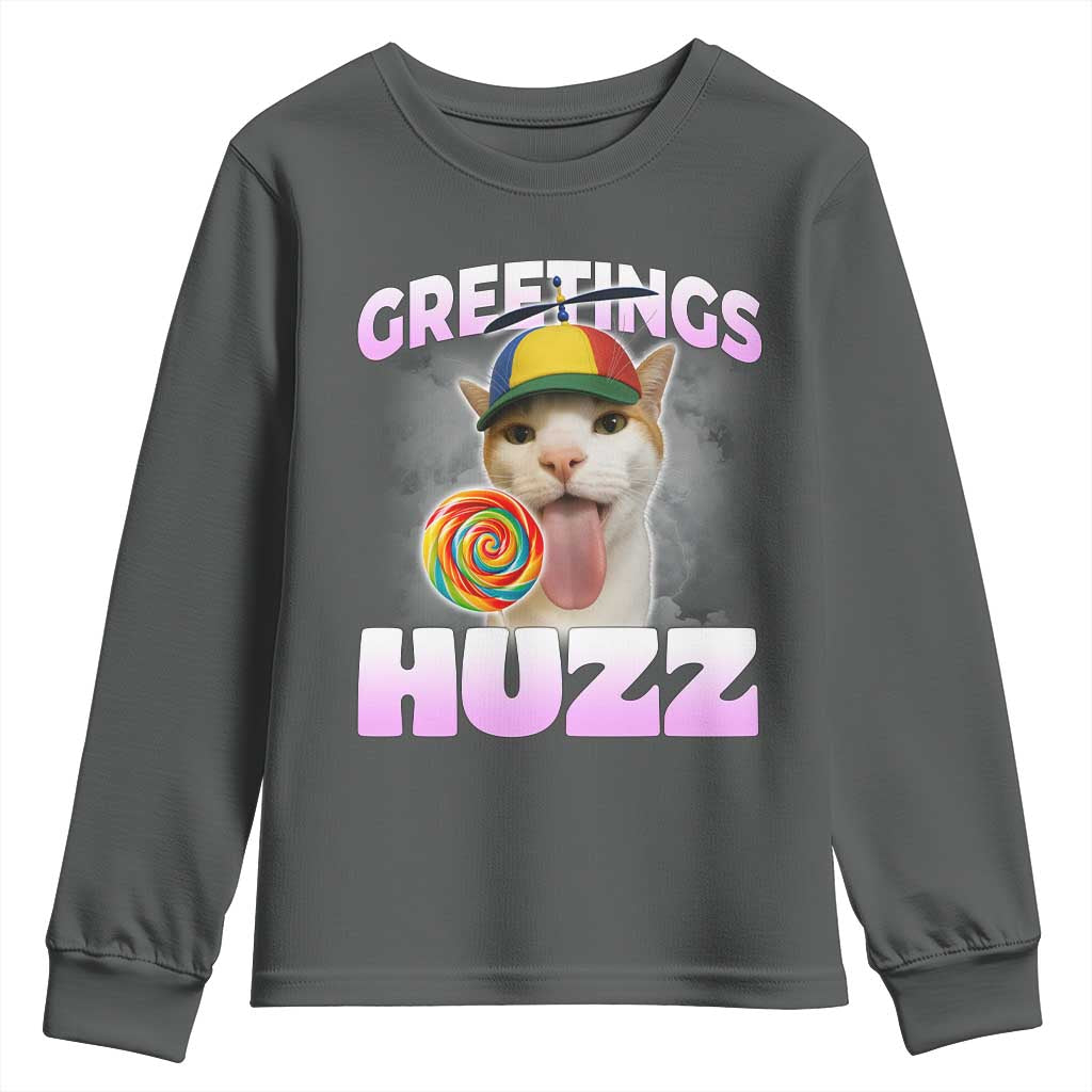Funny Cat Meme Youth Sweatshirt Greetings Huzz TS14 Dark Heather Print Your Wear