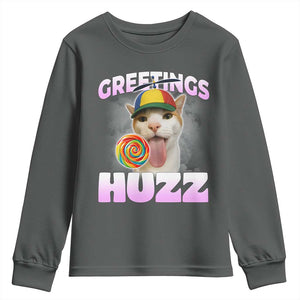 Funny Cat Meme Youth Sweatshirt Greetings Huzz TS14 Dark Heather Print Your Wear