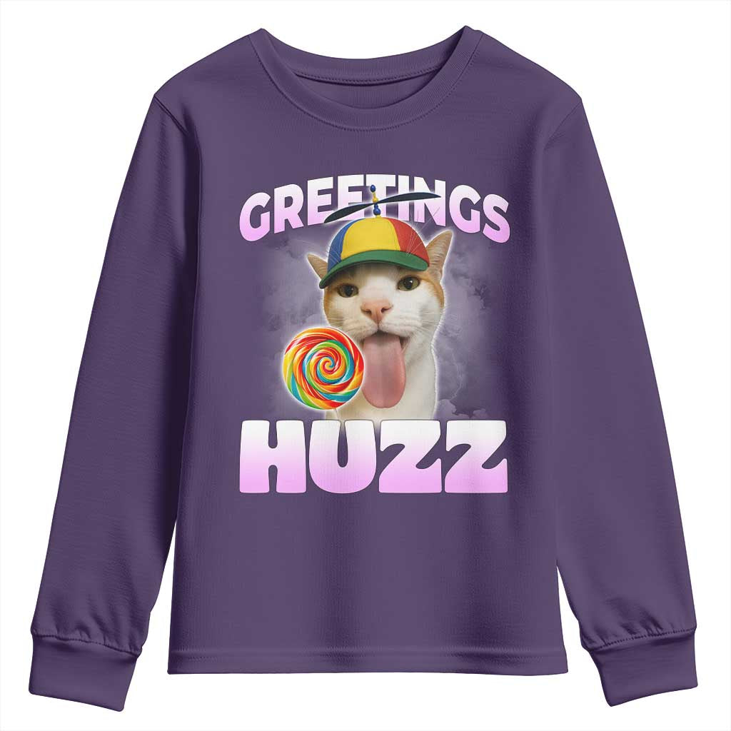 Funny Cat Meme Youth Sweatshirt Greetings Huzz TS14 Purple Print Your Wear