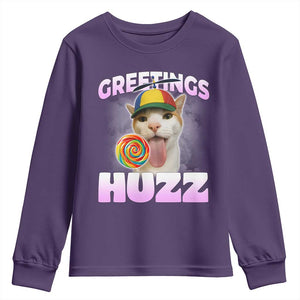 Funny Cat Meme Youth Sweatshirt Greetings Huzz TS14 Purple Print Your Wear