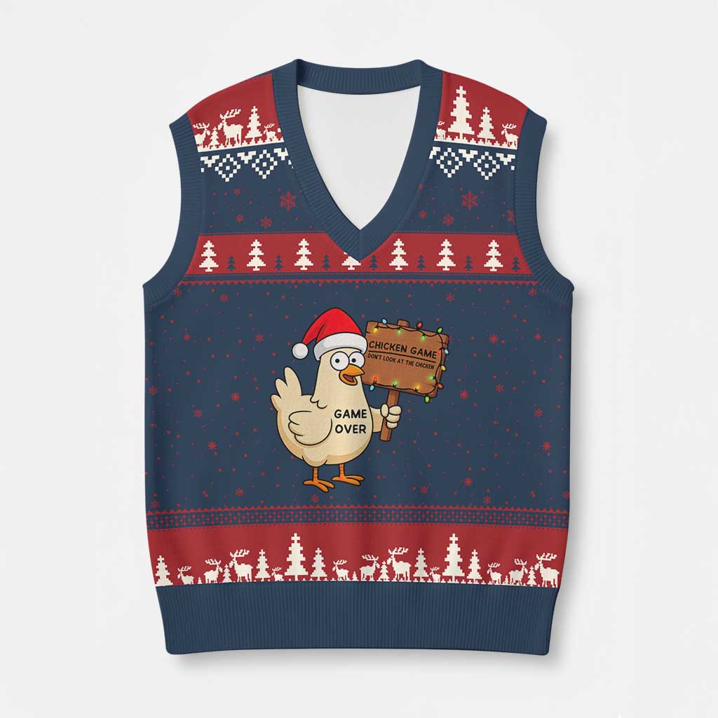 Chicken Game Xmas V-Neck Knit Sweater Vest Funny Do Not Look At The Chicken TS14 Navy Red Print Your Wear