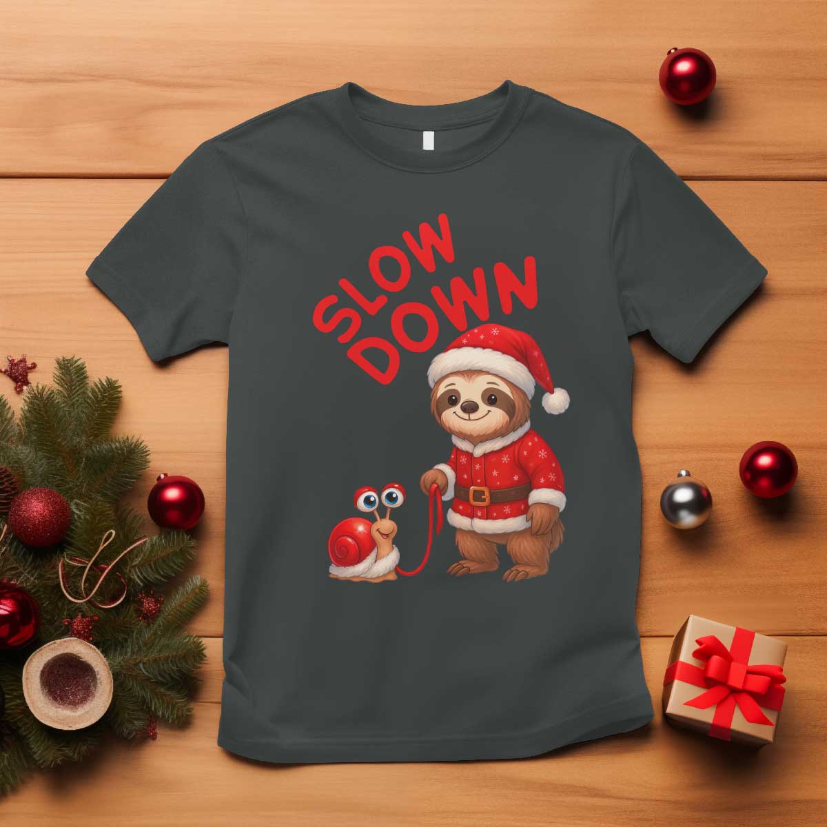 Funny Sloth Snail Christmas T Shirt Slow Down Xmas TS14 Dark Heather Print Your Wear