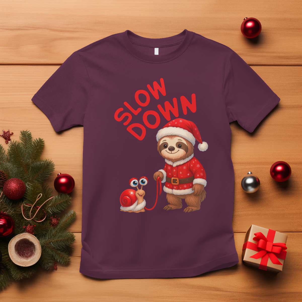 Funny Sloth Snail Christmas T Shirt Slow Down Xmas TS14 Maroon Print Your Wear