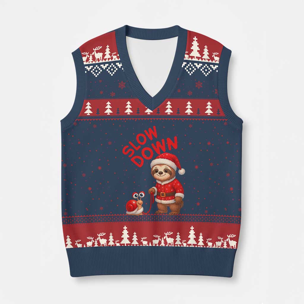 Funny Sloth Snail Xmas V-Neck Knit Sweater Vest Slow Down Xmas TS14 Navy Red Print Your Wear