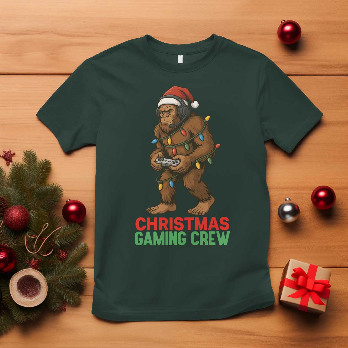 Funny Bigfoot Gamer Christmas T Shirt TS14 Dark Forest Green Print Your Wear