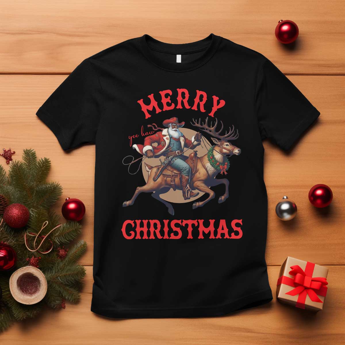 Black Santa Claus T Shirt African American Cowboy Christmas TS14 Black Print Your Wear