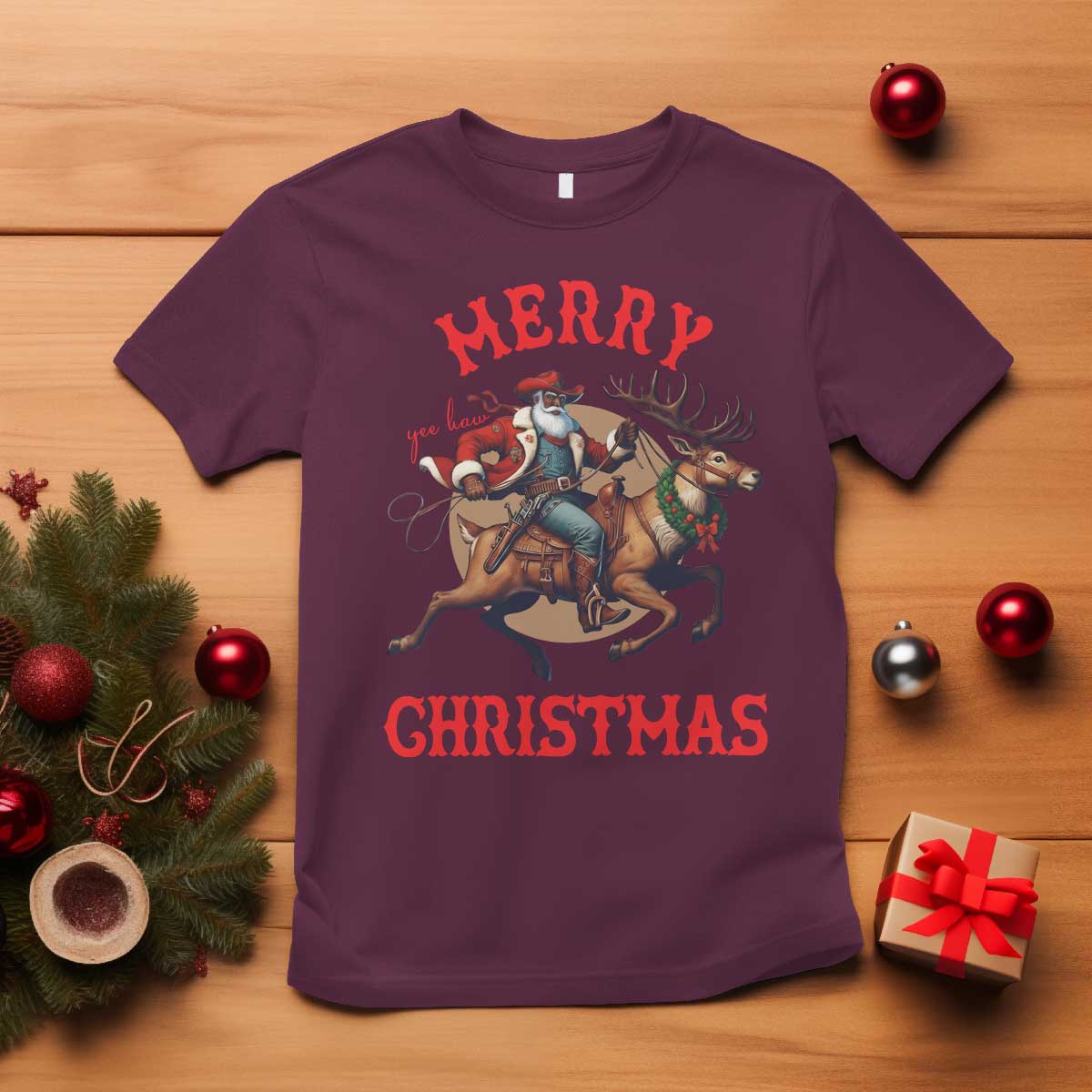Black Santa Claus T Shirt African American Cowboy Christmas TS14 Maroon Print Your Wear