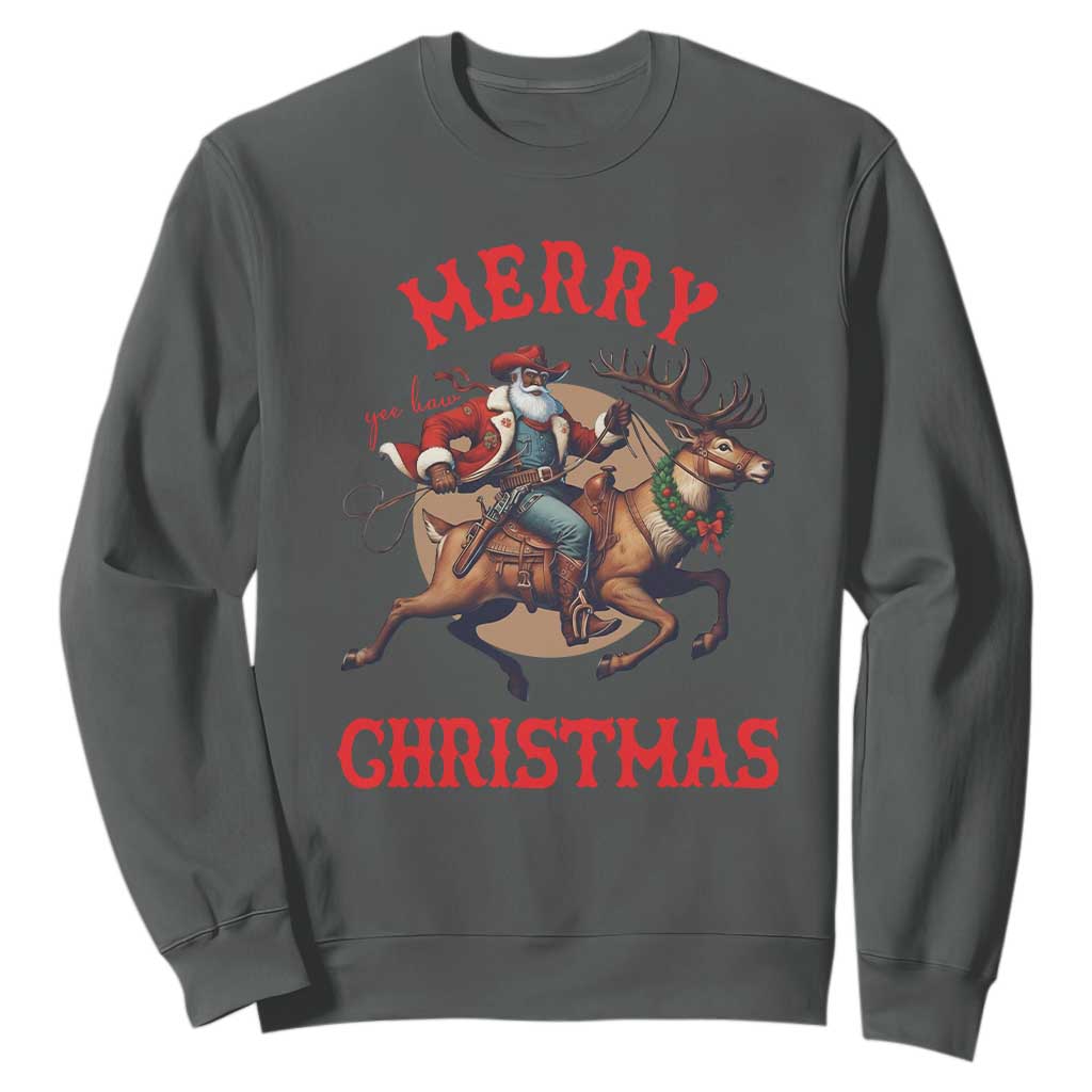 Black Santa Claus Sweatshirt African American Cowboy Christmas TS14 Dark Heather Print Your Wear