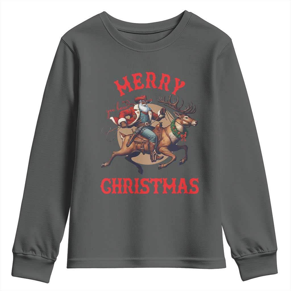 Black Santa Claus Youth Sweatshirt African American Cowboy Christmas TS14 Dark Heather Print Your Wear