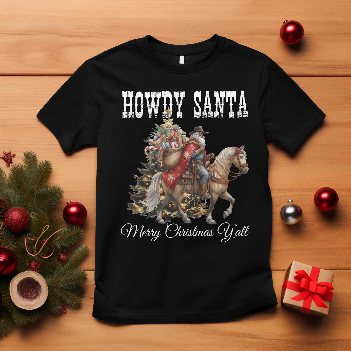 Black Santa Christmas T Shirt African American Western Cowboy - Print Your Wear