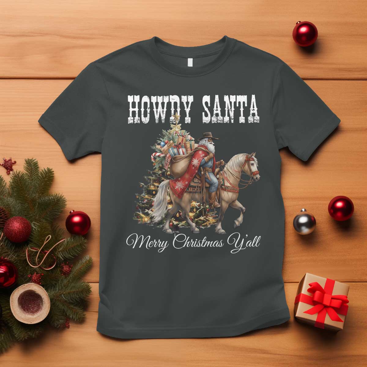 Black Santa Christmas T Shirt African American Western Cowboy TS14 Dark Heather Print Your Wear