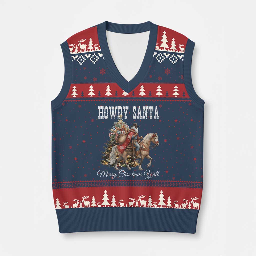 Black Santa Xmas V-Neck Knit Sweater Vest African American Western Cowboy - Print Your Wear