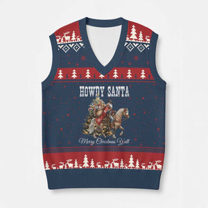 Black Santa Xmas V-Neck Knit Sweater Vest African American Western Cowboy - Print Your Wear