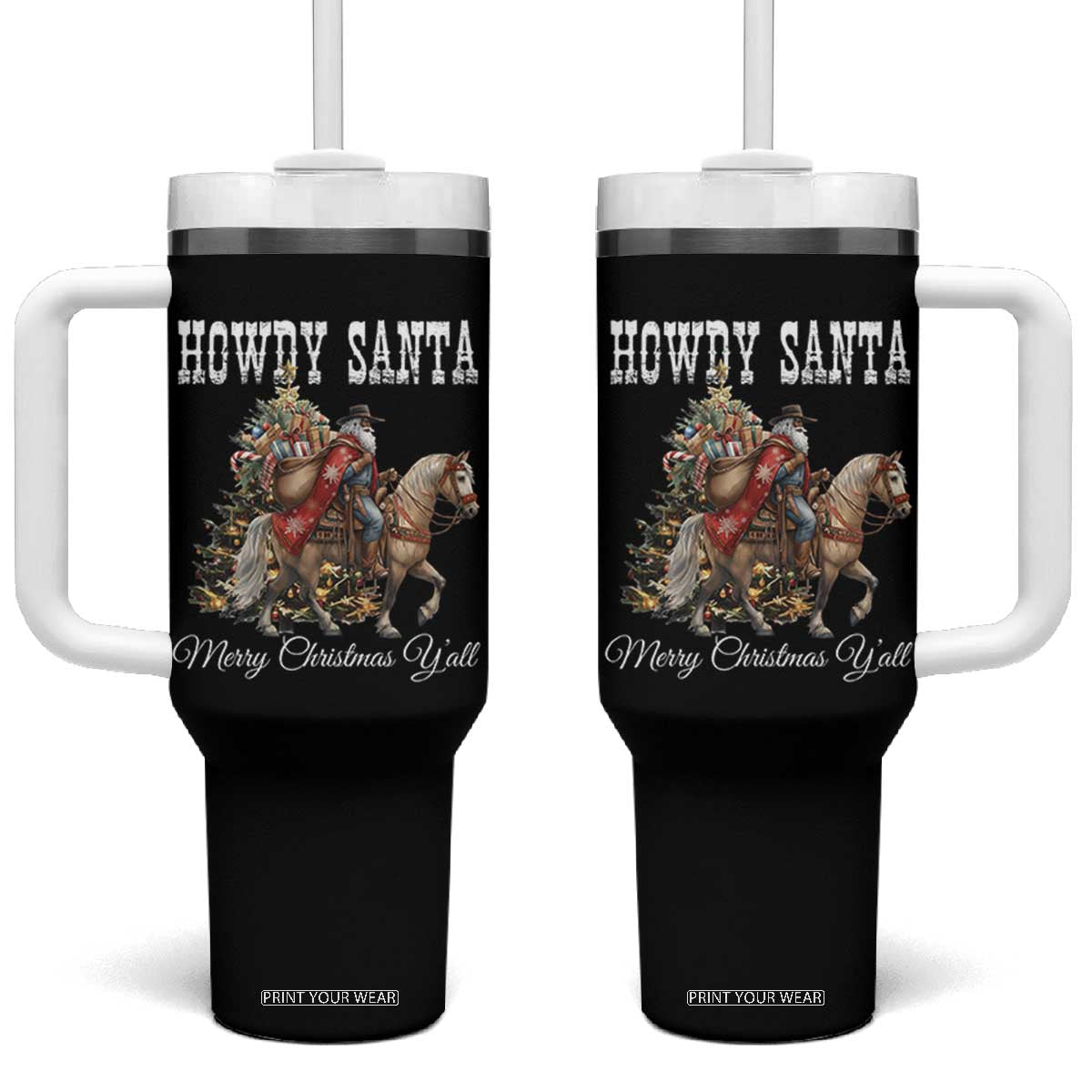 Black Santa Christmas Tumbler With Handle African American Western Cowboy - Print Your Wear
