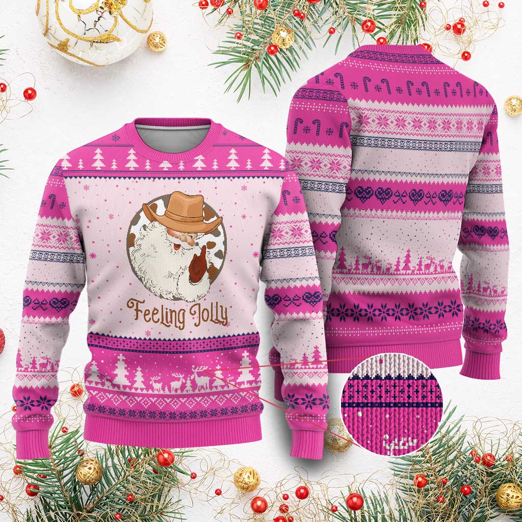 Black Cowboy Santa Xmas Ugly Christmas Sweater Feeling Jolly TS14 Hot Pink Print Your Wear