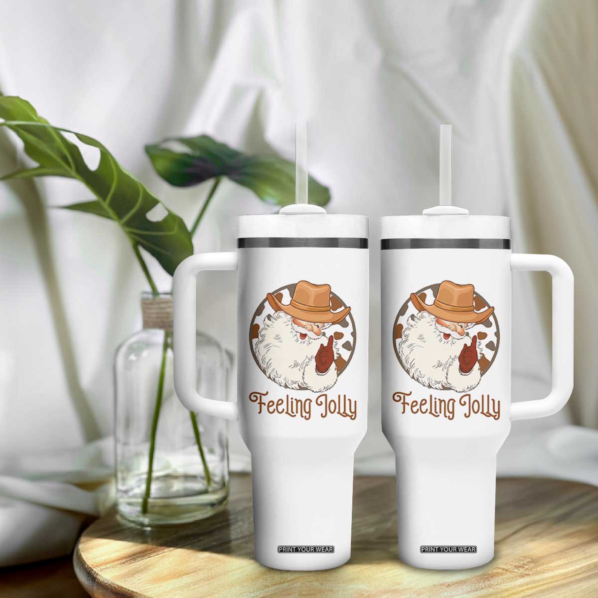 Black Cowboy Santa Christmas Tumbler With Handle Feeling Jolly TS14 Print Your Wear