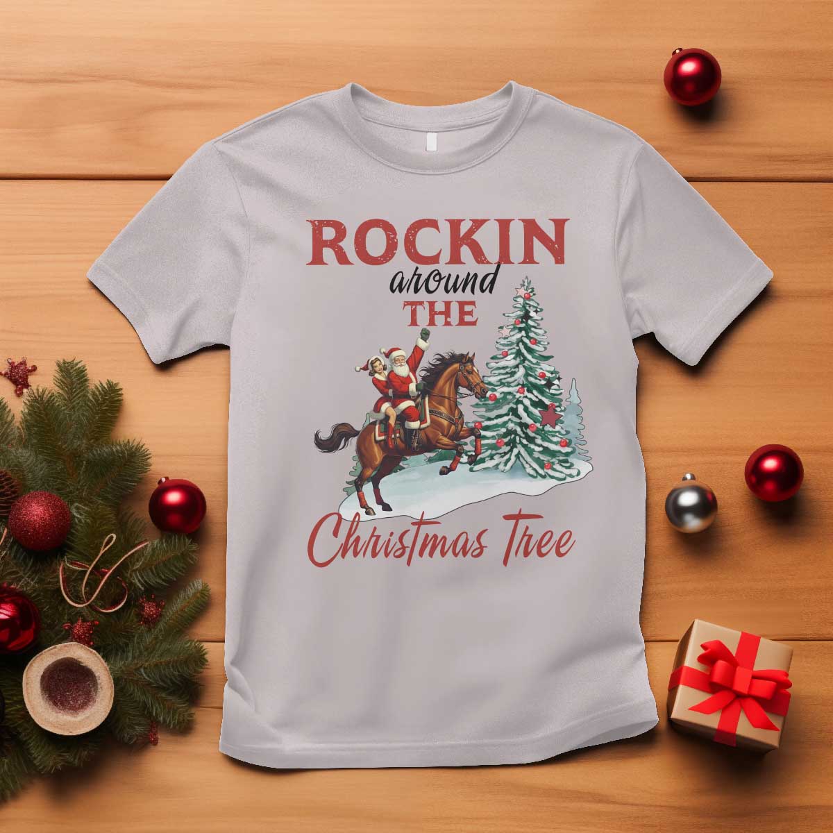 Cowboy Santa Western Christmas T Shirt Rockin Around The Xmas Tree TS14 Ice Gray Print Your Wear