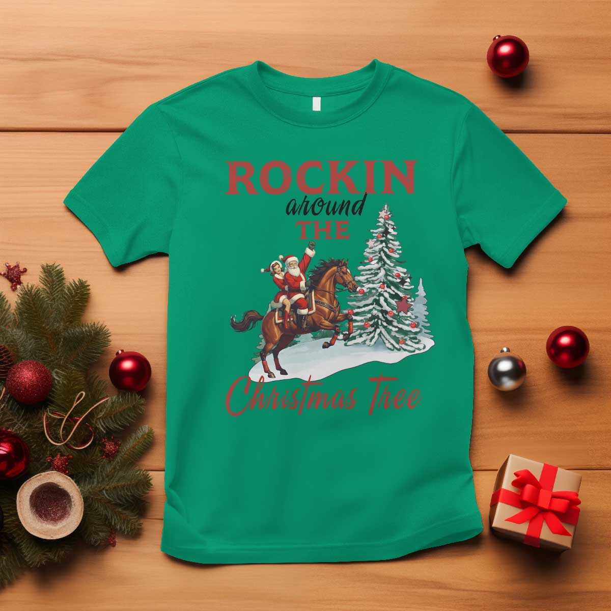 Cowboy Santa Western Christmas T Shirt Rockin Around The Xmas Tree TS14 Irish Green Print Your Wear