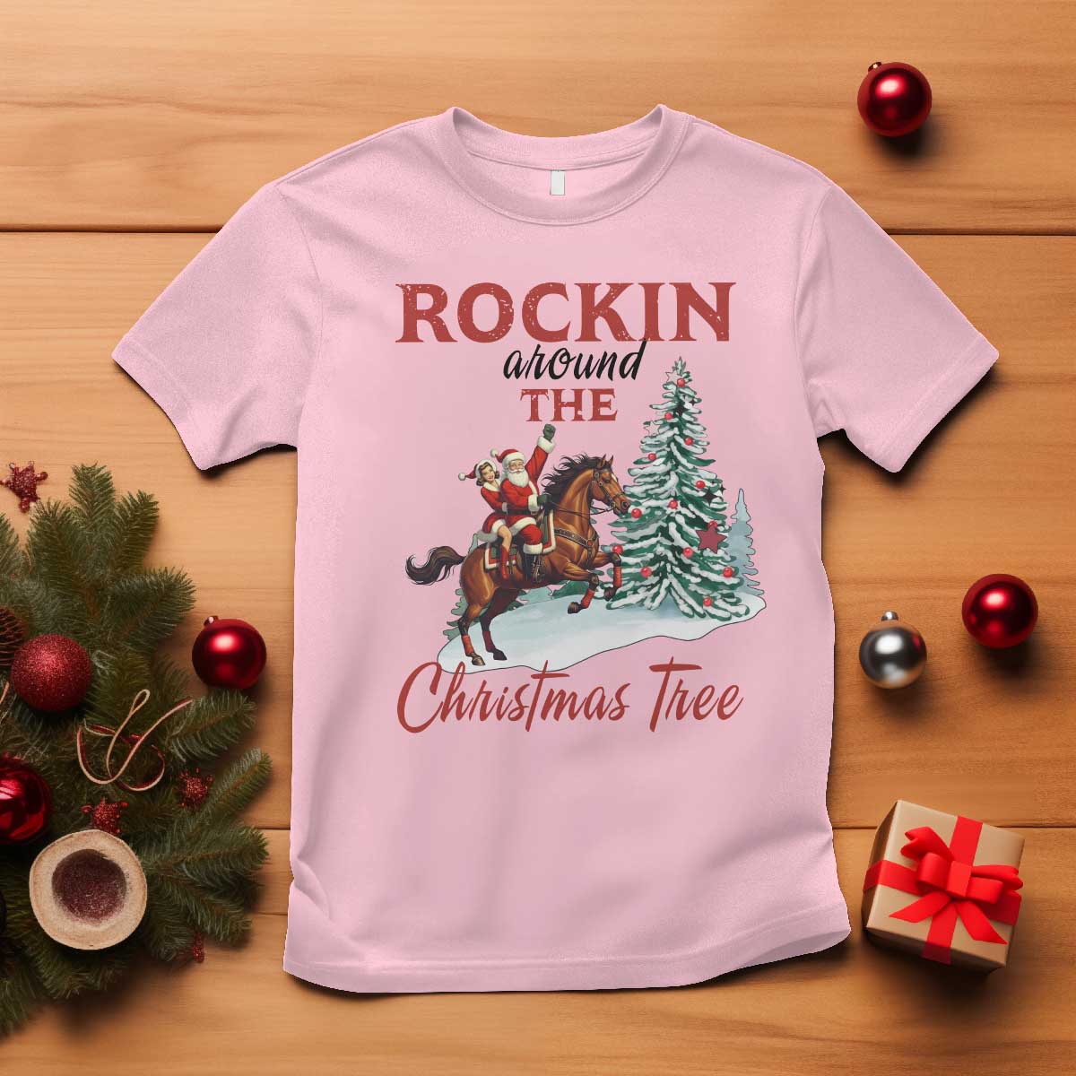 Cowboy Santa Western Christmas T Shirt Rockin Around The Xmas Tree TS14 Light Pink Print Your Wear