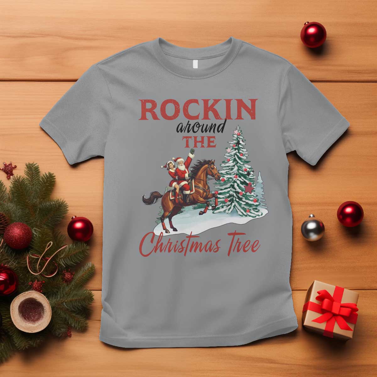 Cowboy Santa Western Christmas T Shirt Rockin Around The Xmas Tree TS14 Sport Gray Print Your Wear