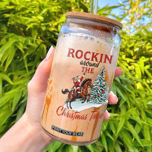 Cowboy Santa Western Christmas Glass Can Rockin Around The Xmas Tree TS14 White Print Your Wear