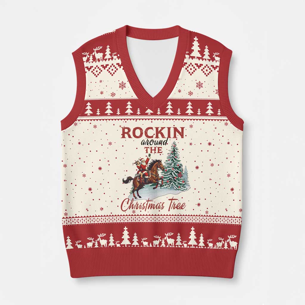 Cowboy Santa Western Xmas V-Neck Knit Sweater Vest Rockin Around The Xmas Tree TS14 Beige Red Print Your Wear