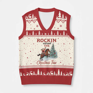Cowboy Santa Western Xmas V-Neck Knit Sweater Vest Rockin Around The Xmas Tree TS14 Beige Red Print Your Wear
