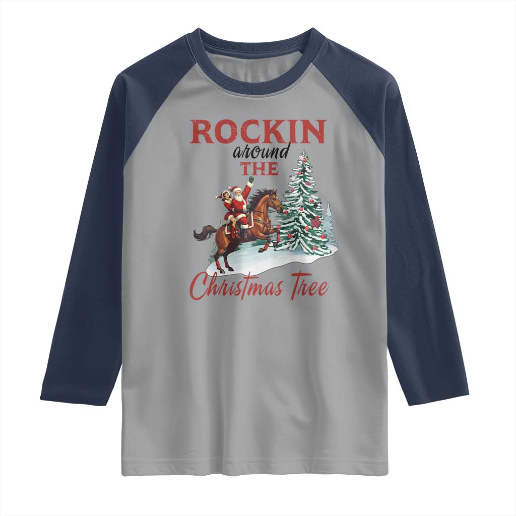 Cowboy Santa Western Christmas Raglan Shirt Rockin Around The Xmas Tree TS14 Sport Gray Navy Print Your Wear