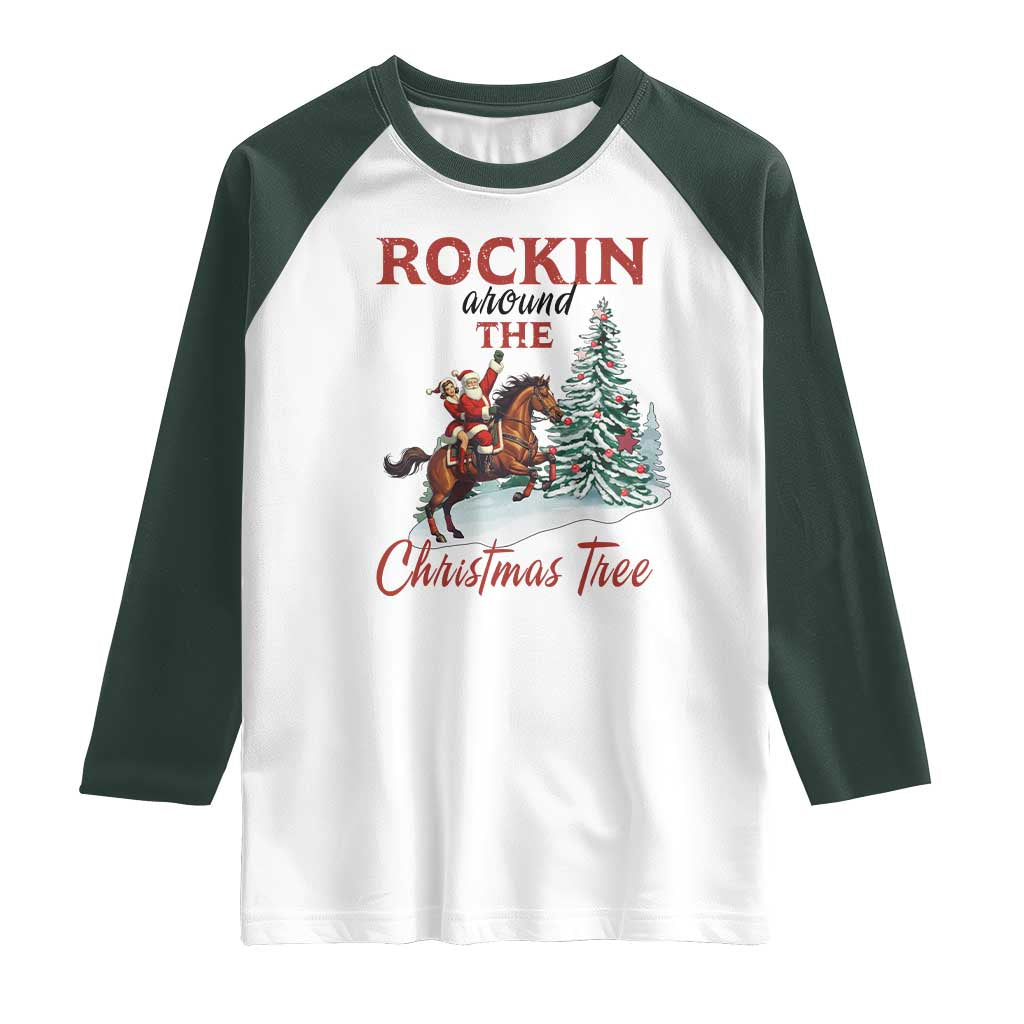 Cowboy Santa Western Christmas Raglan Shirt Rockin Around The Xmas Tree TS14 White Dark Forest Green Print Your Wear
