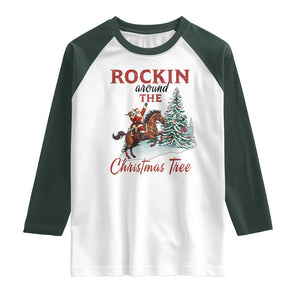Cowboy Santa Western Christmas Raglan Shirt Rockin Around The Xmas Tree TS14 White Dark Forest Green Print Your Wear