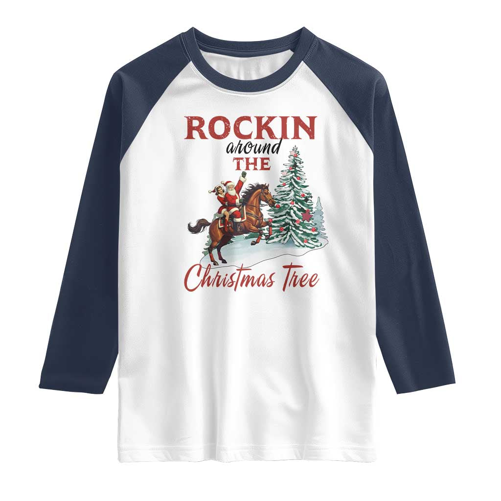 Cowboy Santa Western Christmas Raglan Shirt Rockin Around The Xmas Tree TS14 White Navy Print Your Wear