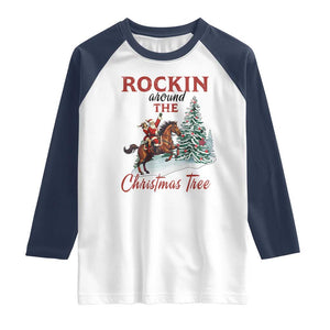 Cowboy Santa Western Christmas Raglan Shirt Rockin Around The Xmas Tree TS14 White Navy Print Your Wear