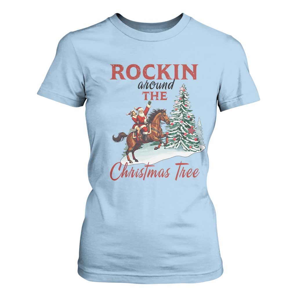 Cowboy Santa Western Christmas T Shirt For Women Rockin Around The Xmas Tree TS14 Light Blue Print Your Wear