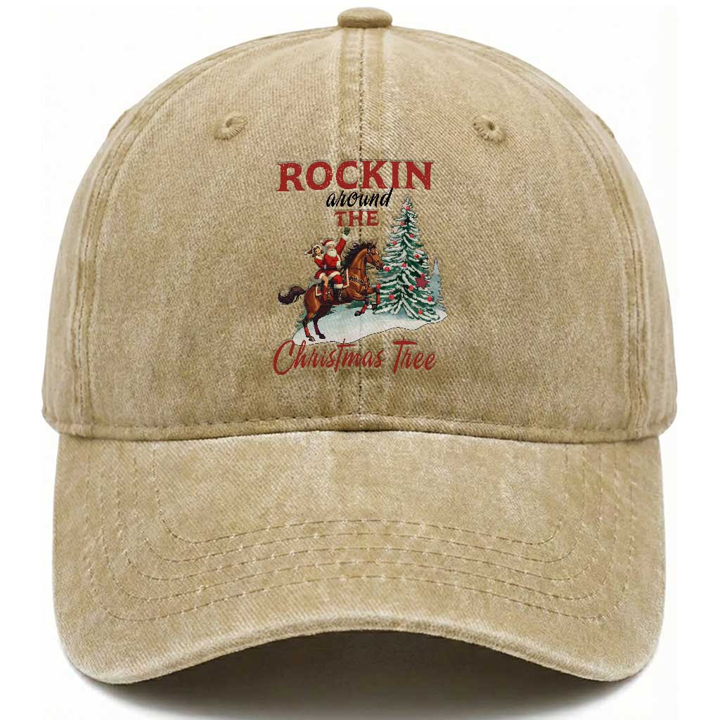 Cowboy Santa Western Christmas Washed Cotton Baseball Cap Rockin Around The Xmas Tree TS14 Washed Cap Universal Fit Khaki Print Your Wear