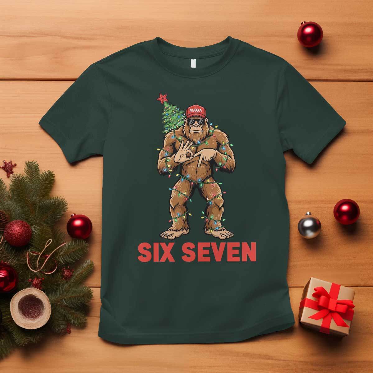 67 Six Seven T Shirt Funny Bigfoot Trump Support Christmas TS14 Dark Forest Green Print Your Wear