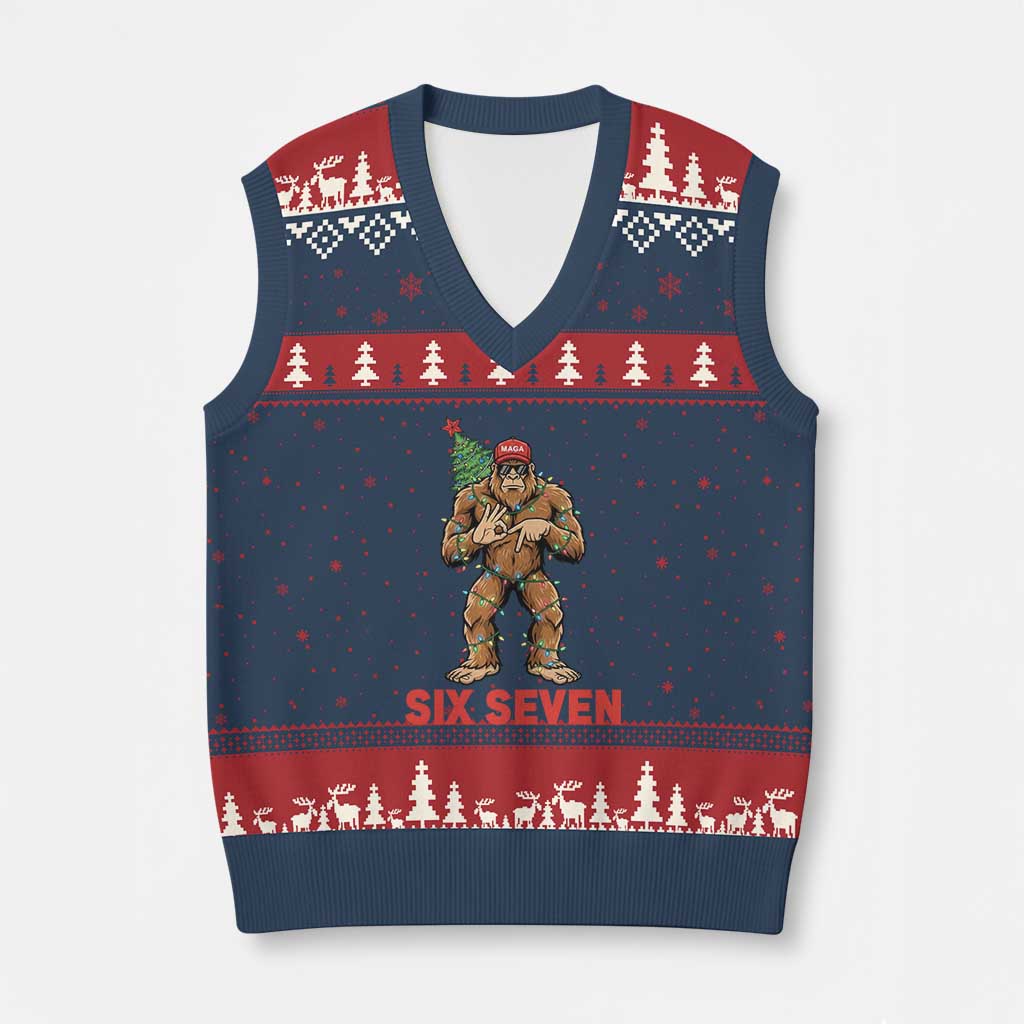 67 Six Seven V-Neck Knit Sweater Vest Funny Bigfoot Trump Support Xmas TS14 Navy Red Print Your Wear